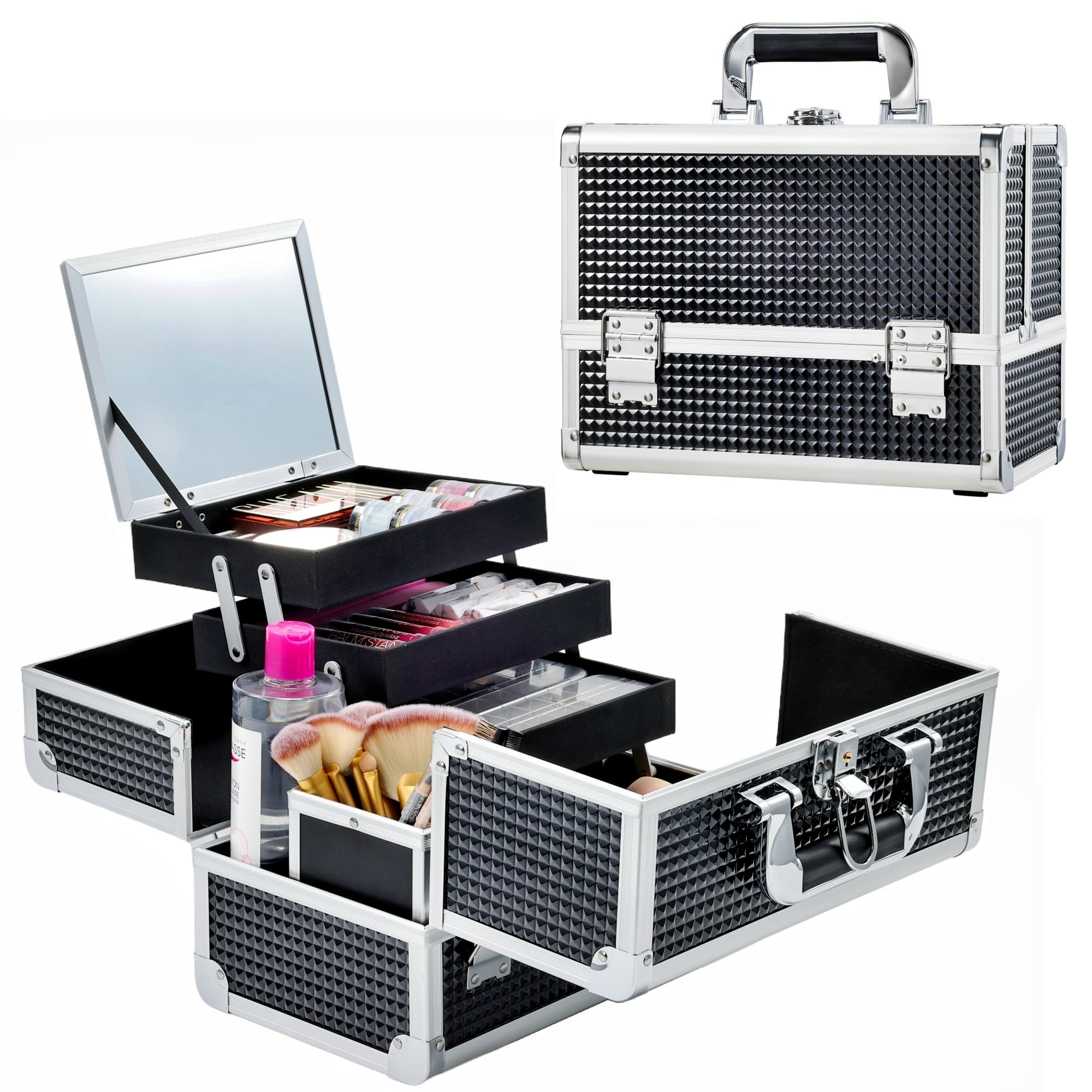 Amazon.com: Joligrace 3-Tray Makeup Case with Mirror & Brush